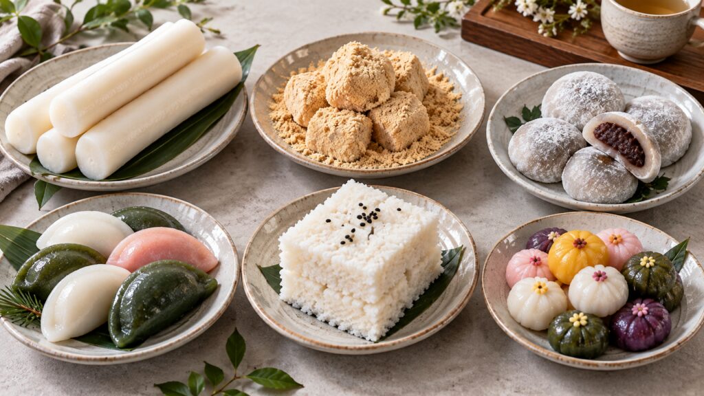 Six varieties of Korean tteok including garaetteok, injeolmi, songpyeon and baekseolgi