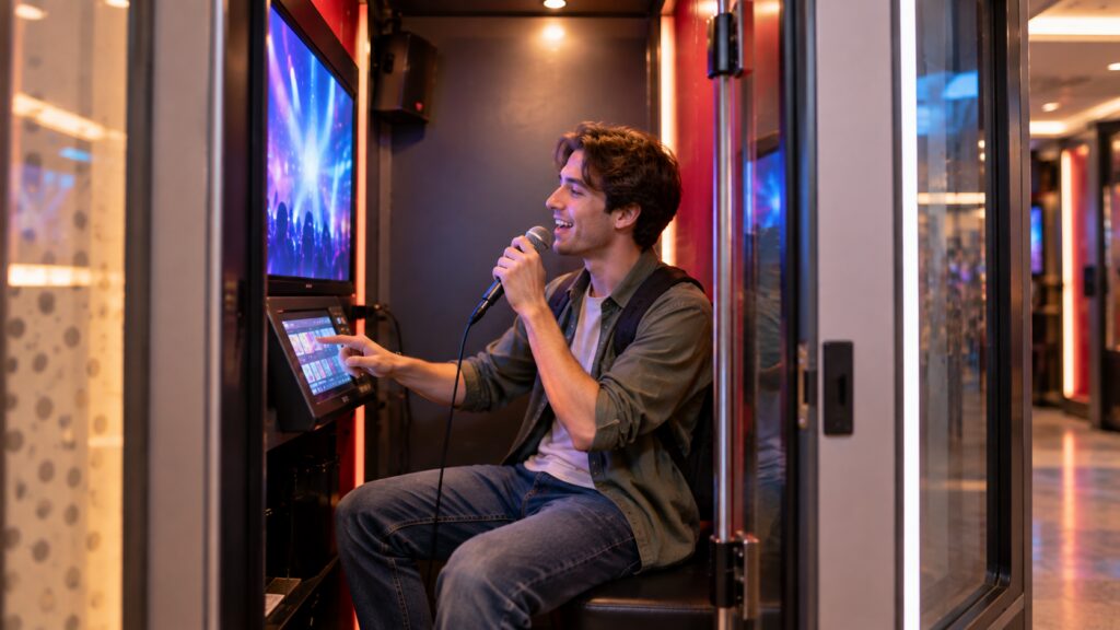 Solo traveler singing inside a compact coin noraebang in Korea