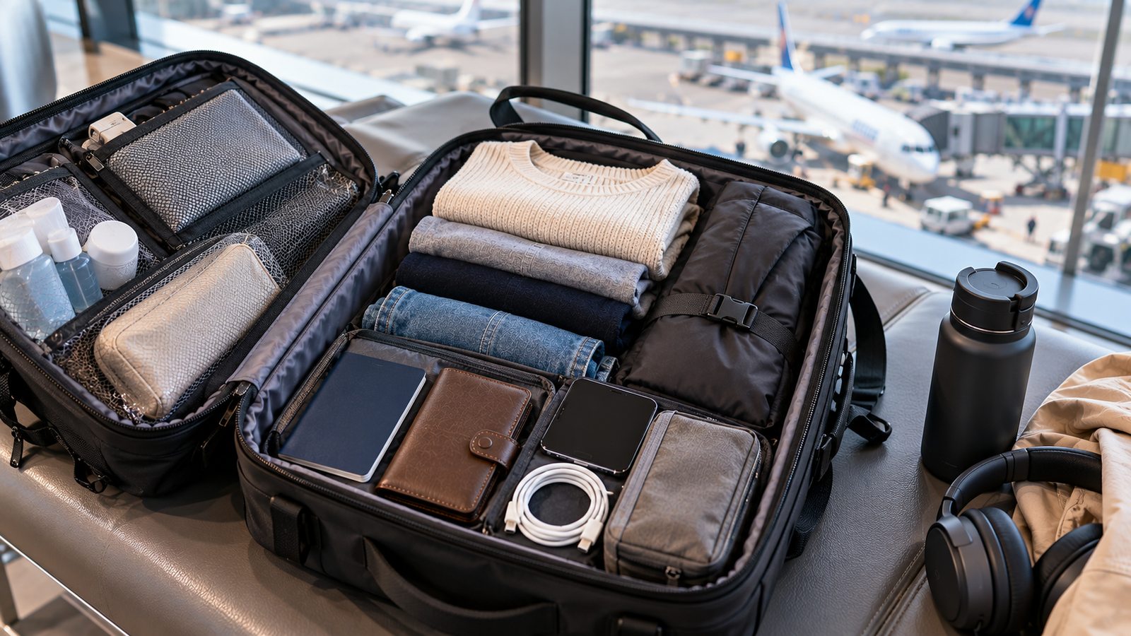 Travel documents, phone, clothing and other essentials organized in a carry-on bag