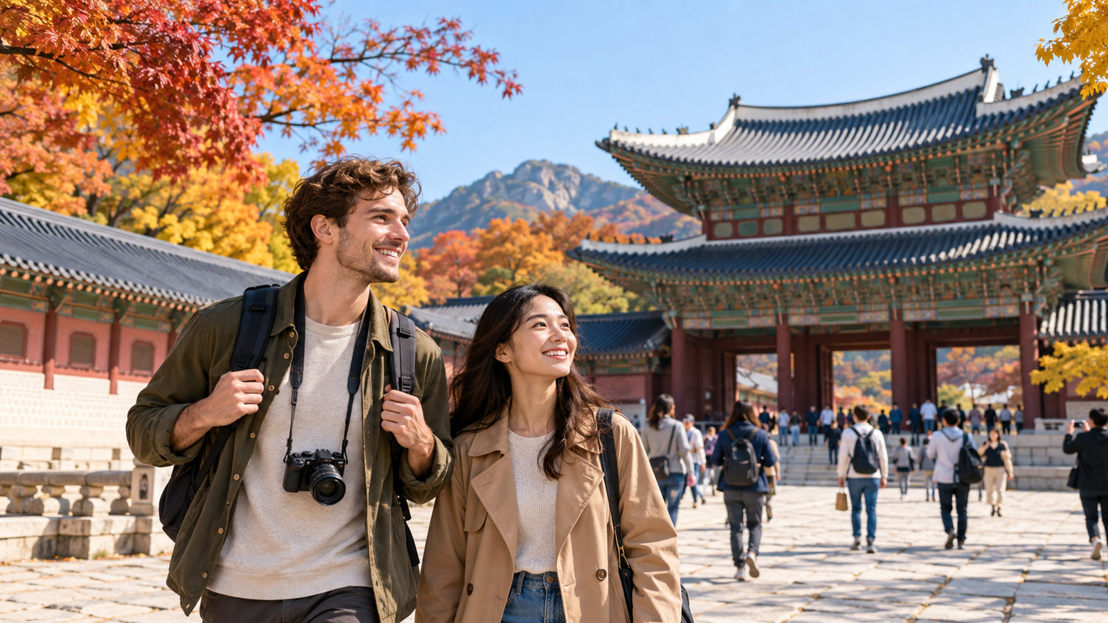 Travelers exploring a traditional palace district in Seoul during a Korean public holiday.