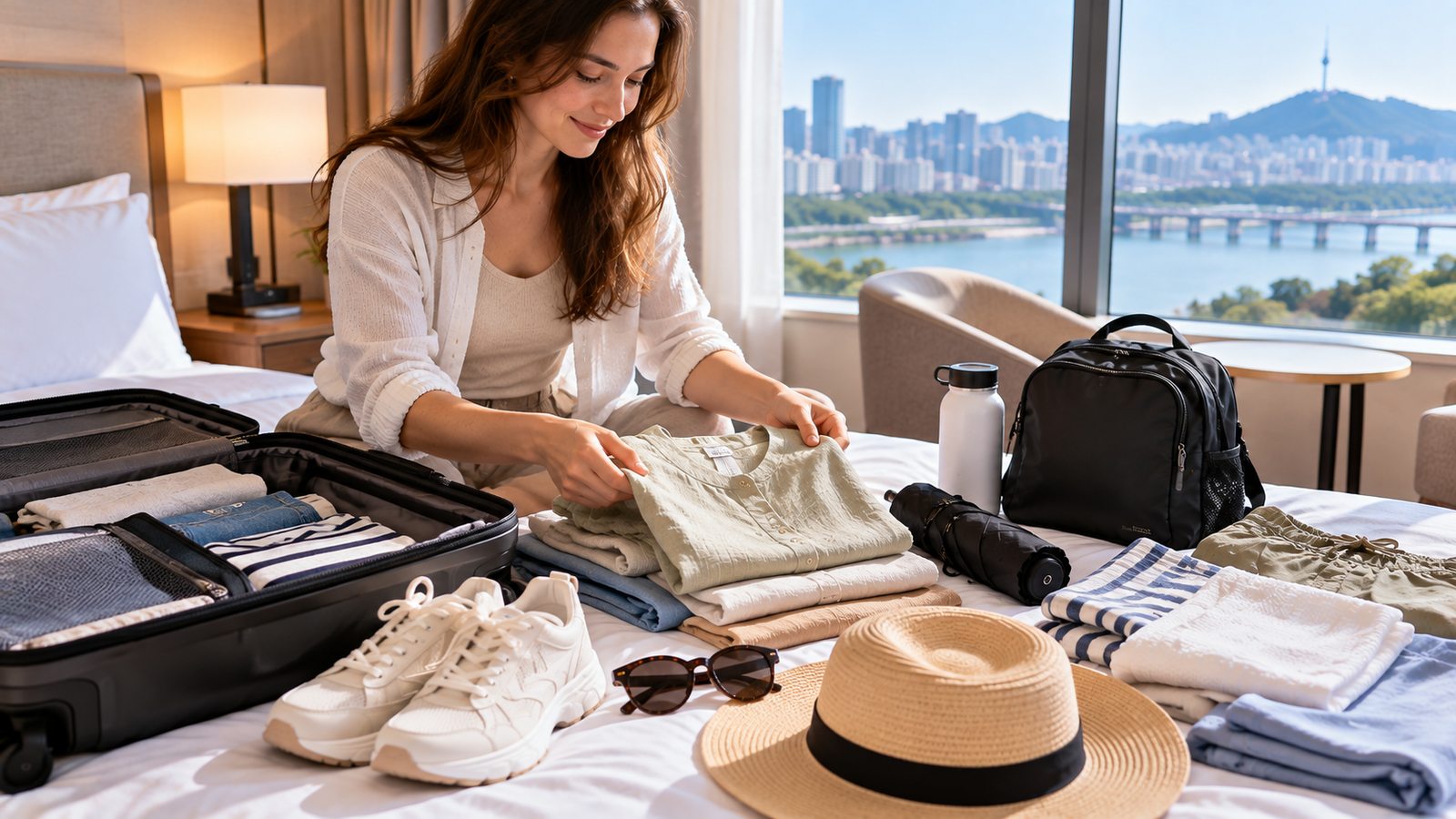 Lightweight summer clothes, walking shoes and an umbrella prepared for sightseeing in Korea