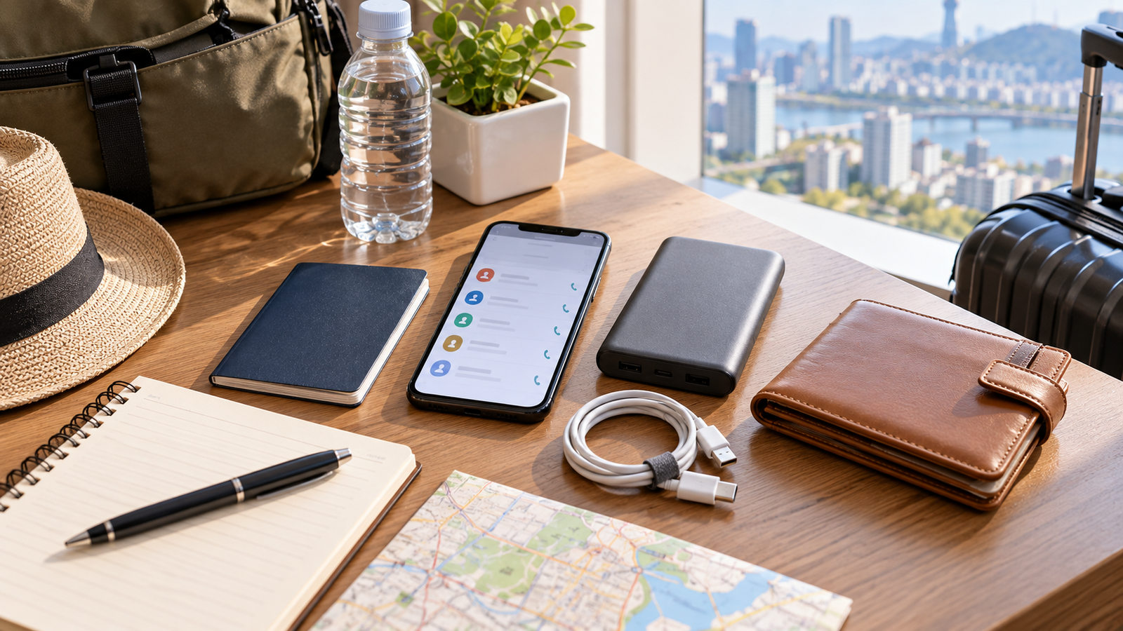 Passport, phone, power bank and travel essentials prepared for a trip to South Korea