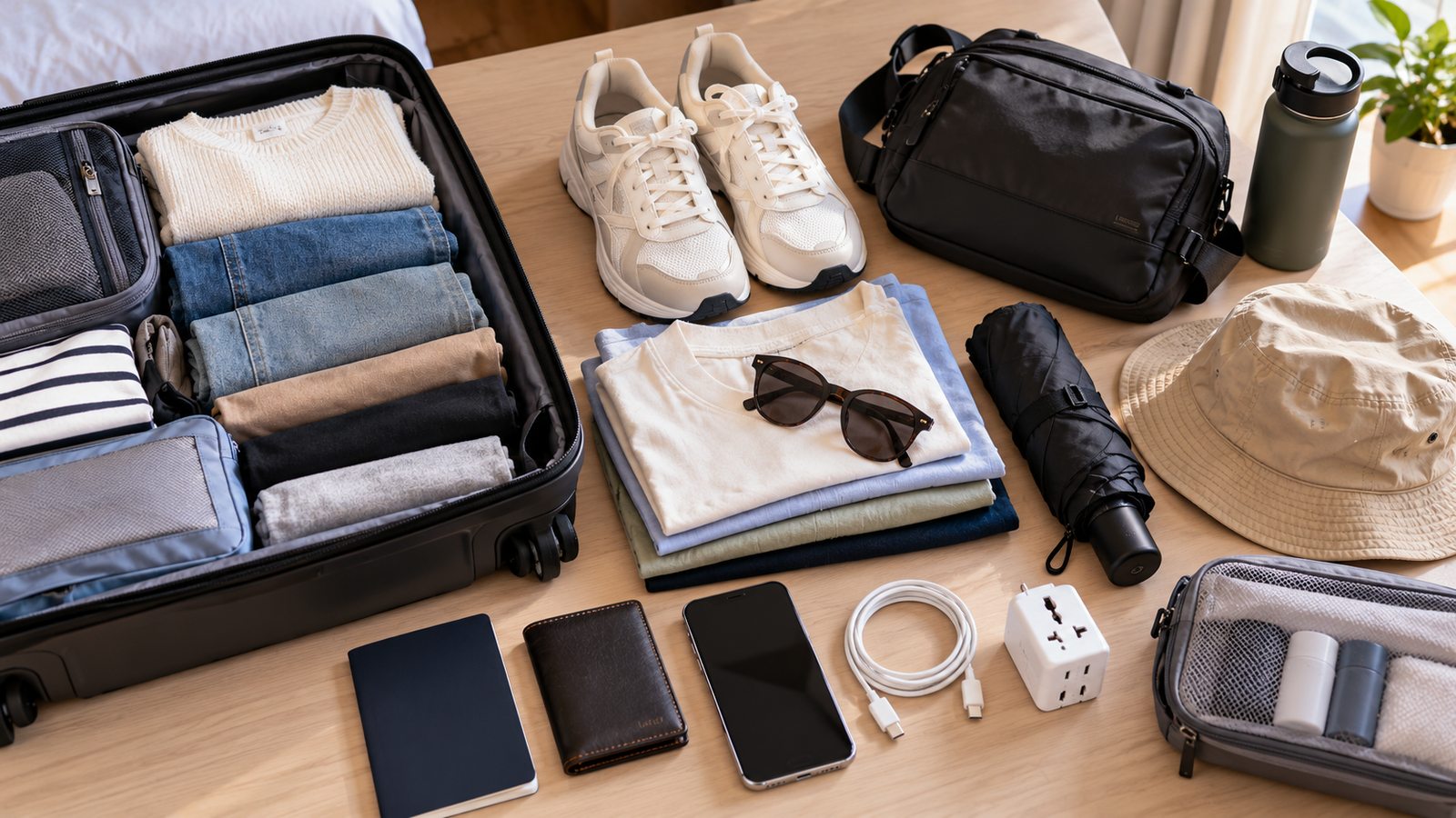 Walking shoes, clothing, umbrella and electronics arranged as travel packing essentials