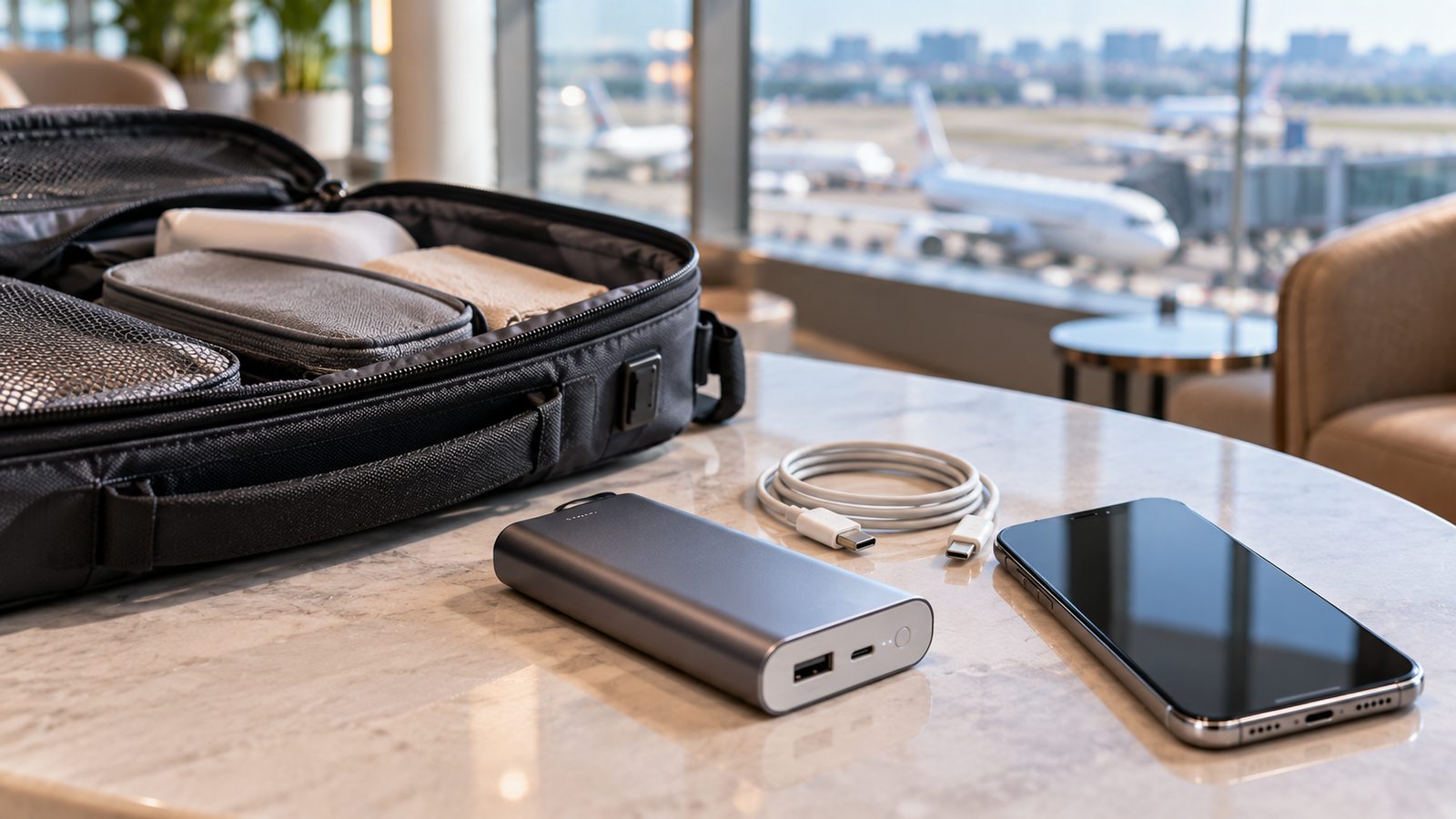 Power bank and charging cable beside a smartphone and carry-on bag