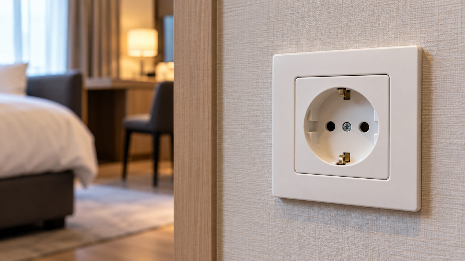Type F wall power outlet with two round holes in a modern Korean hotel room