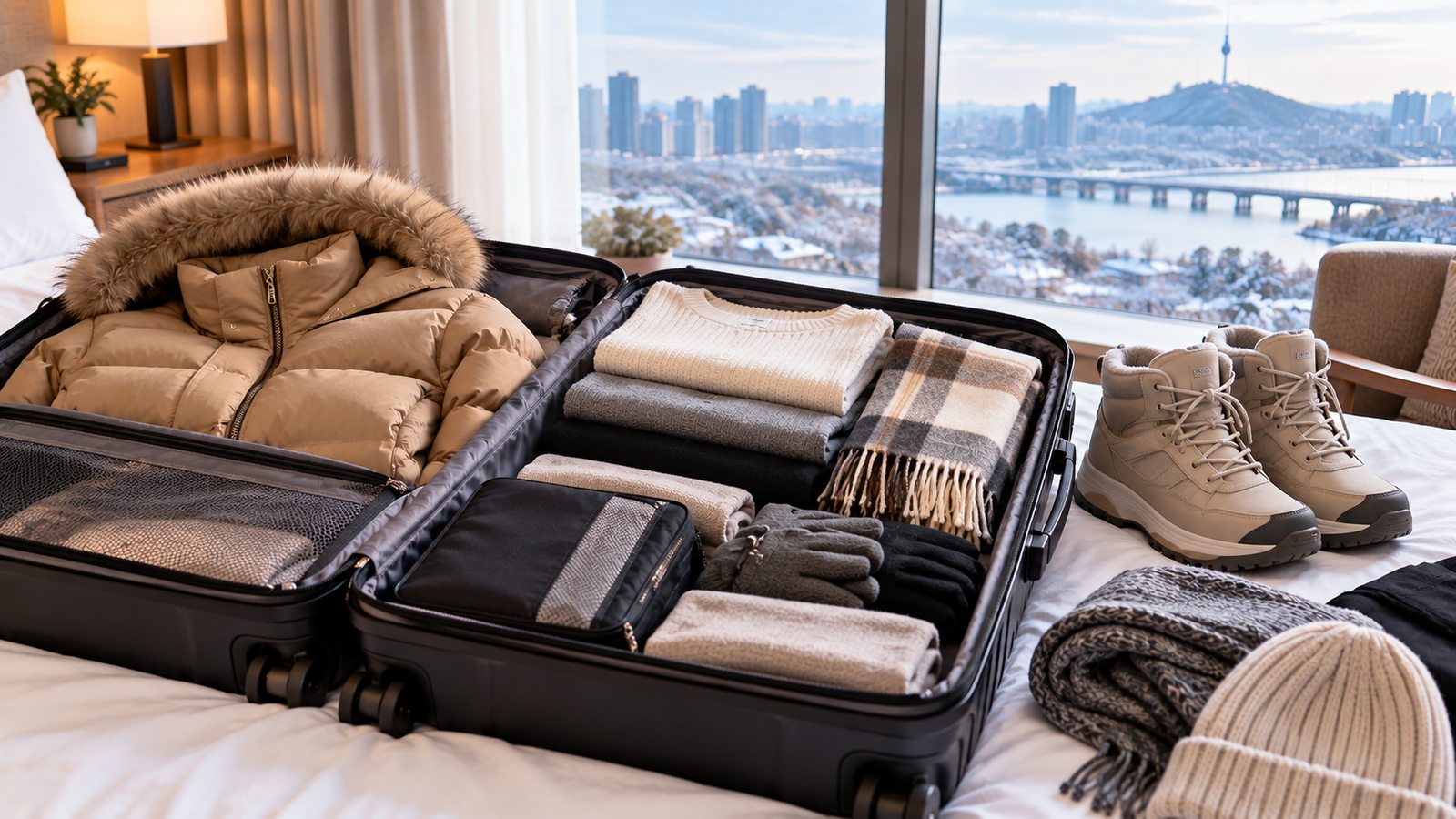 Warm coat, thermal layers, gloves and winter shoes packed for a trip to South Korea