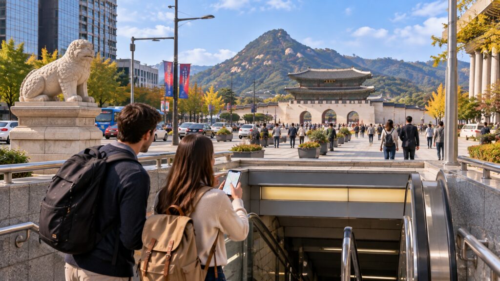 Travelers arriving by Seoul subway near Gyeongbokgung Palace