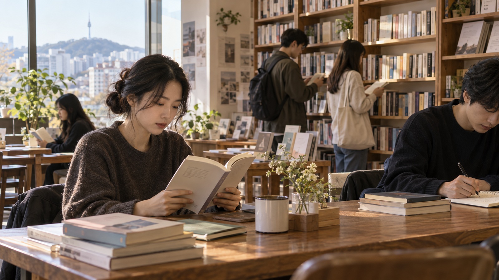 Young Korean adults reading books in a contemporary Seoul cultural space