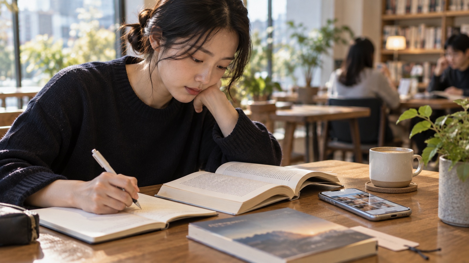 Young Korean reader taking notes beside a book and smartphone in Seoul