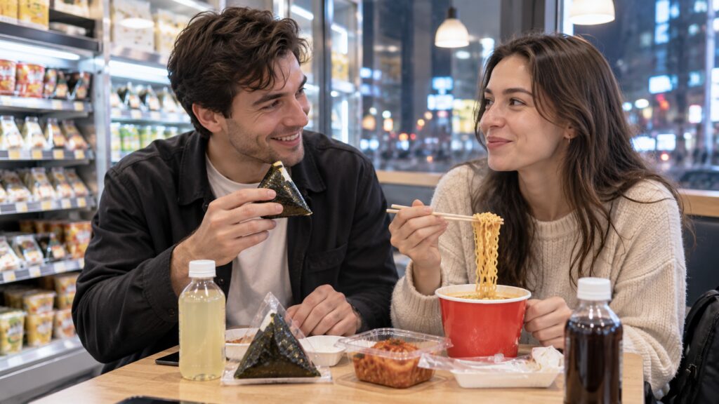 Travelers eating a simple meal of ramyeon and gimbap at a Korean convenience store