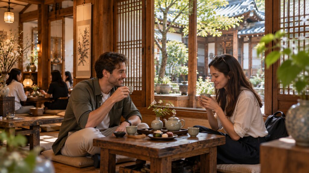 Travelers enjoying Korean tea in a traditional Insadong-style tea house