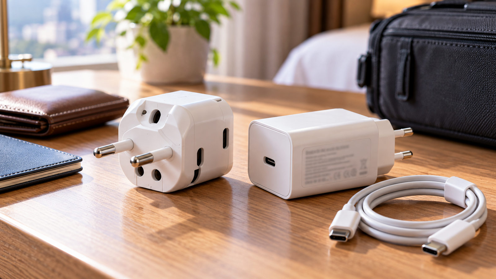 Close-up of a generic travel charger and its input voltage rating