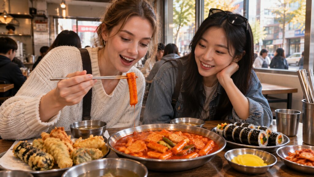 International travelers trying tteokbokki at a local restaurant in Seoul