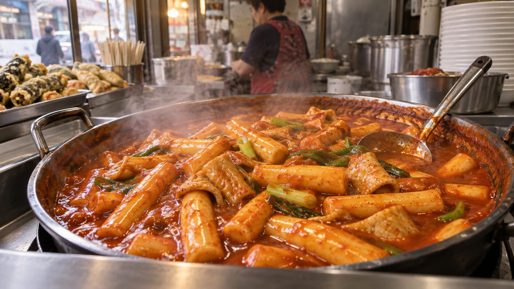 Tteokbokki Korean spicy rice cakes served at a local Korean bunsik shop