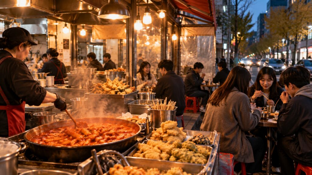 Tteokbokki served at a Korean street food shop in Seoul in the evening