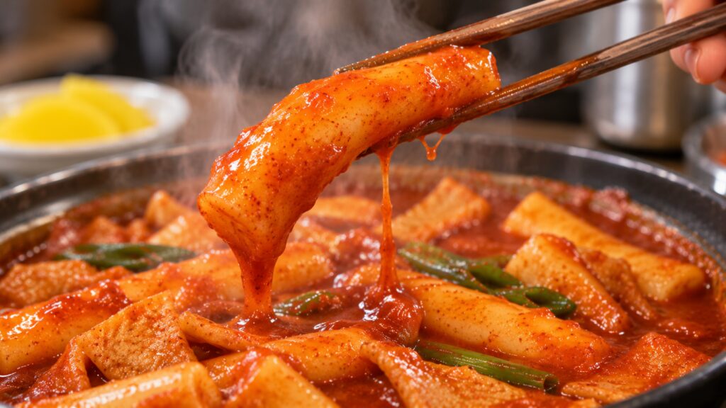 Chewy tteokbokki rice cake lifted with chopsticks from spicy Korean sauce