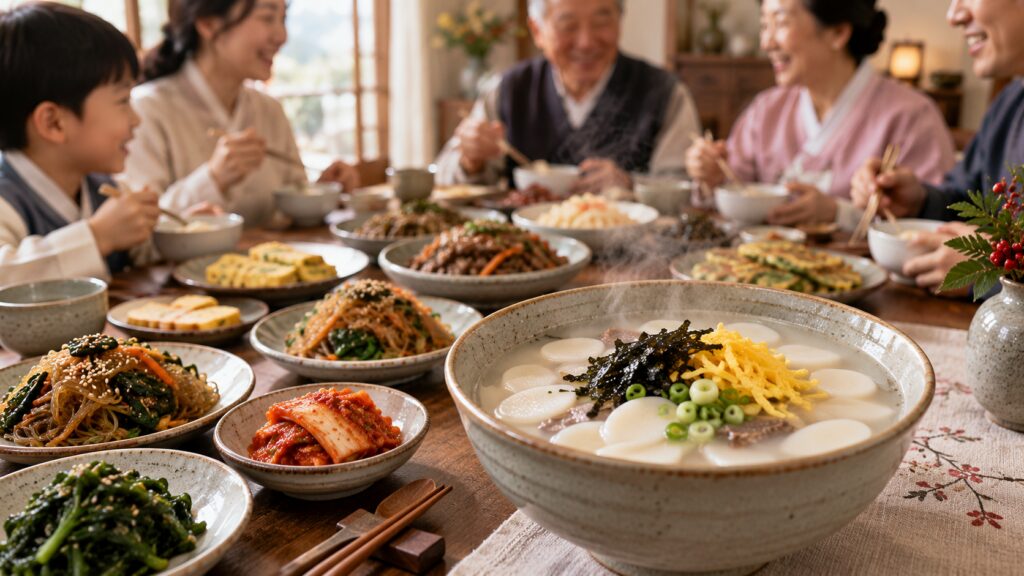 Traditional Korean tteokguk rice cake soup served for Seollal