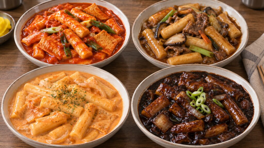 Four types of Korean tteokbokki including classic gungjung rose and jjajang