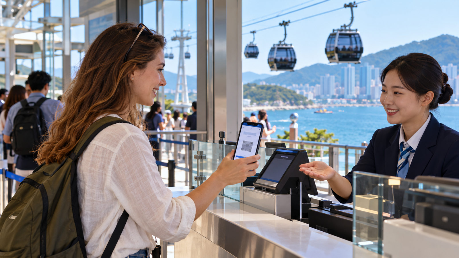 A traveler presenting a mobile ticket on a smartphone at a Busan attraction counter