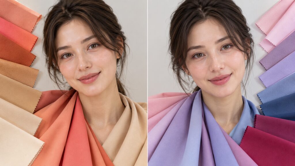 Warm and cool color palettes compared around a woman's face