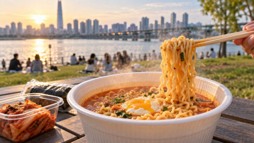 Freshly cooked Han River ramyeon in a disposable bowl beside the river in Seoul