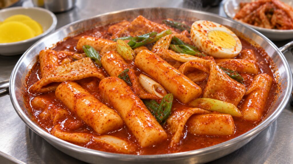 Classic Korean tteokbokki with rice cakes fish cake and spicy gochujang sauce