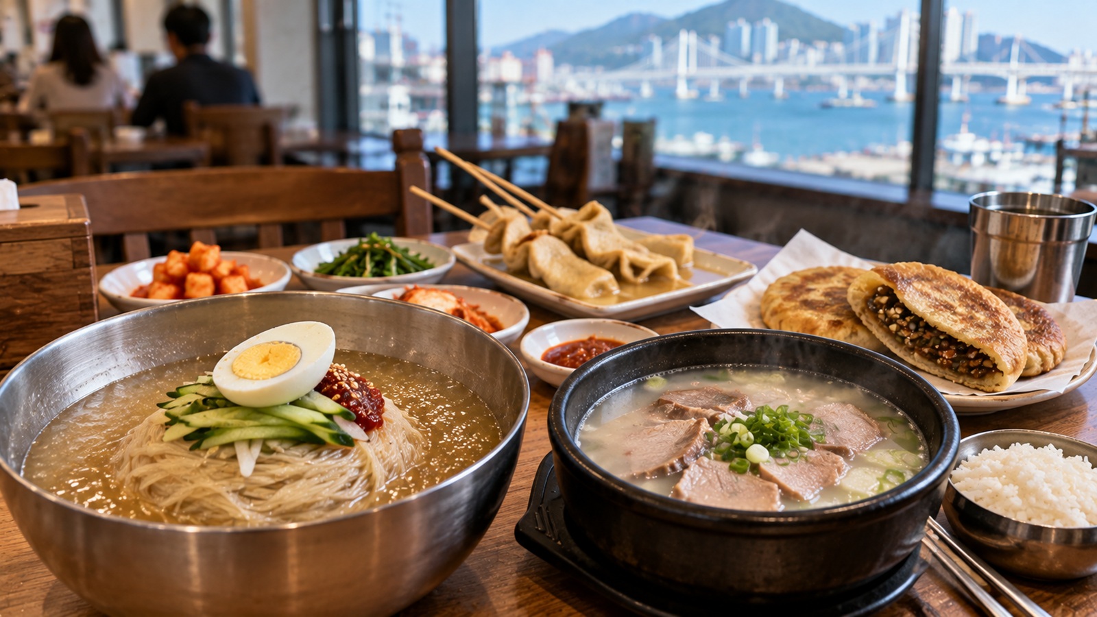 Busan specialties including milmyeon, pork soup, fish cakes and hotteok