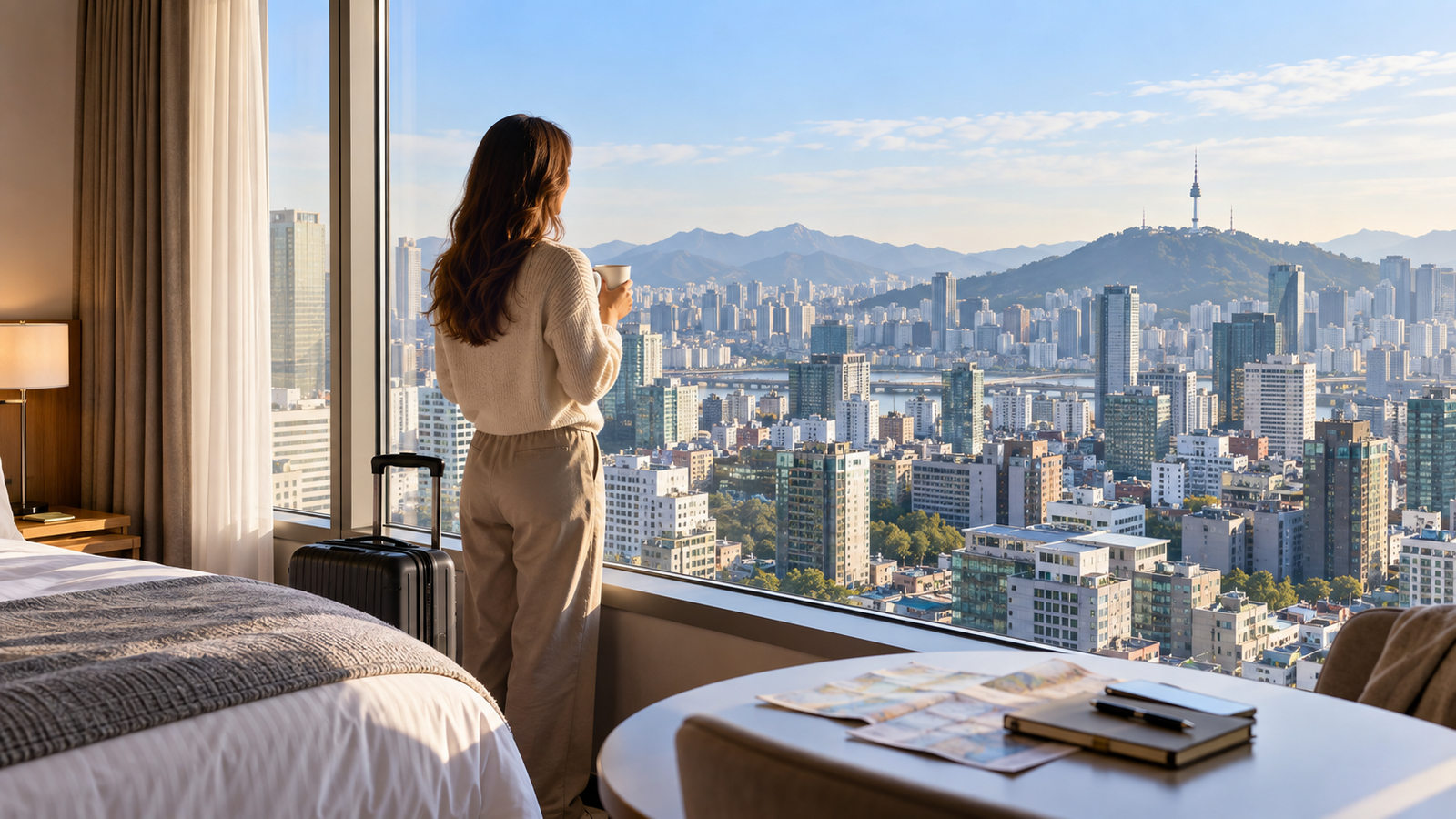Traveler looking over central Seoul from a modern hotel room