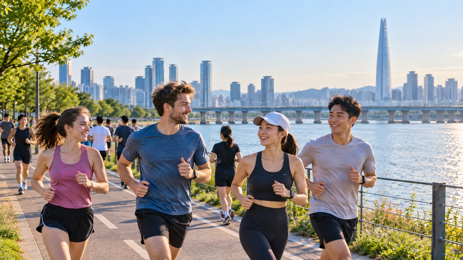Visitors running beside the Han River in Yeouido Seoul