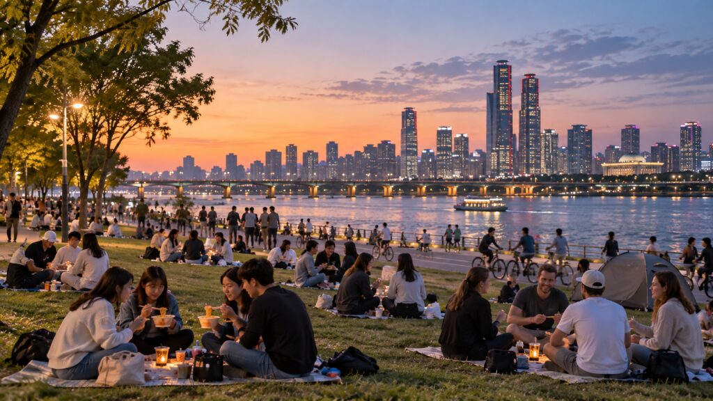 People picnicking and eating ramyeon at a riverside park in Yeouido, Seoul
