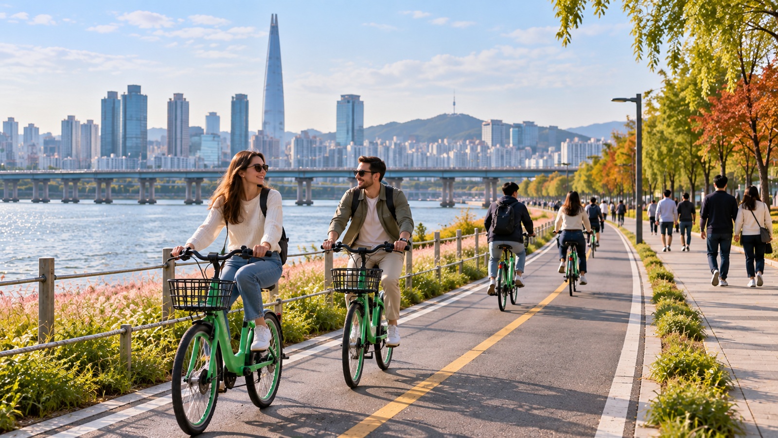 Cyclists riding public bicycles along a riverside cycling path at Yeouido Hangang Park
