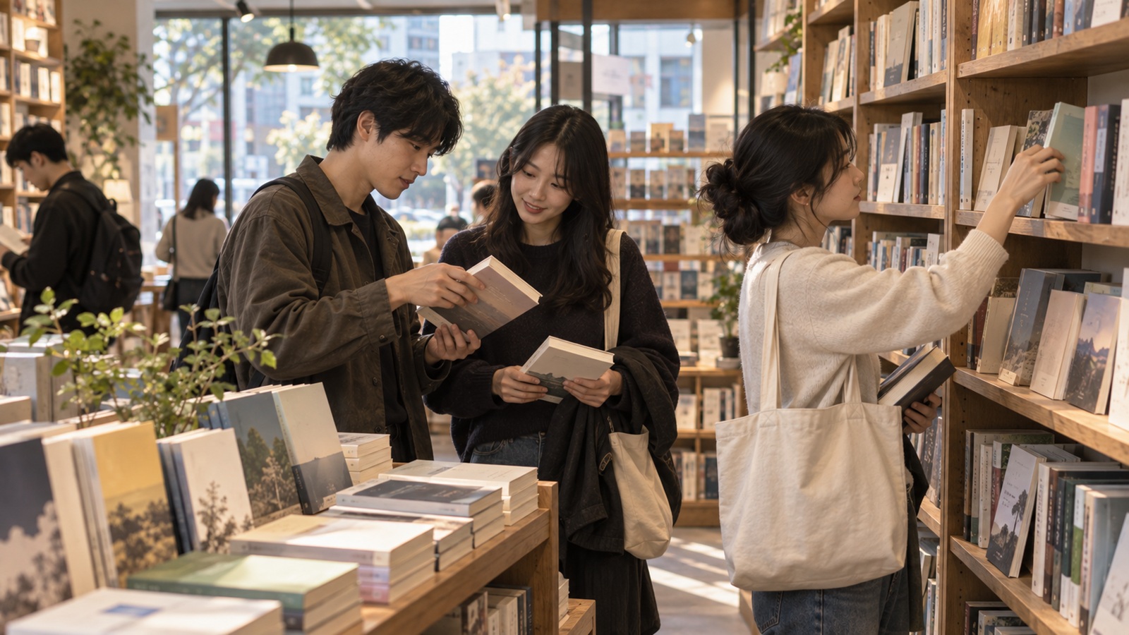 Young Korean adults browsing and recommending books in a Seoul bookstore