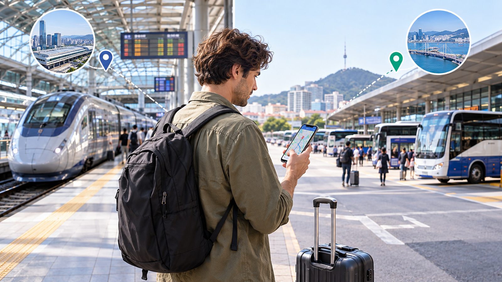 Traveler comparing arrival locations in Busan after traveling by train or express bus