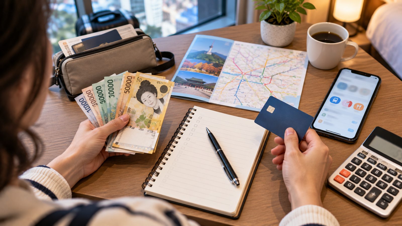Traveler comparing cash and card payment options for a trip to Korea