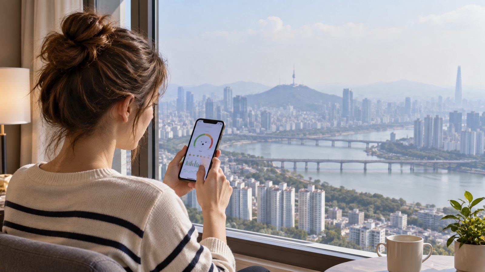 International traveler checking air quality on a smartphone in Seoul