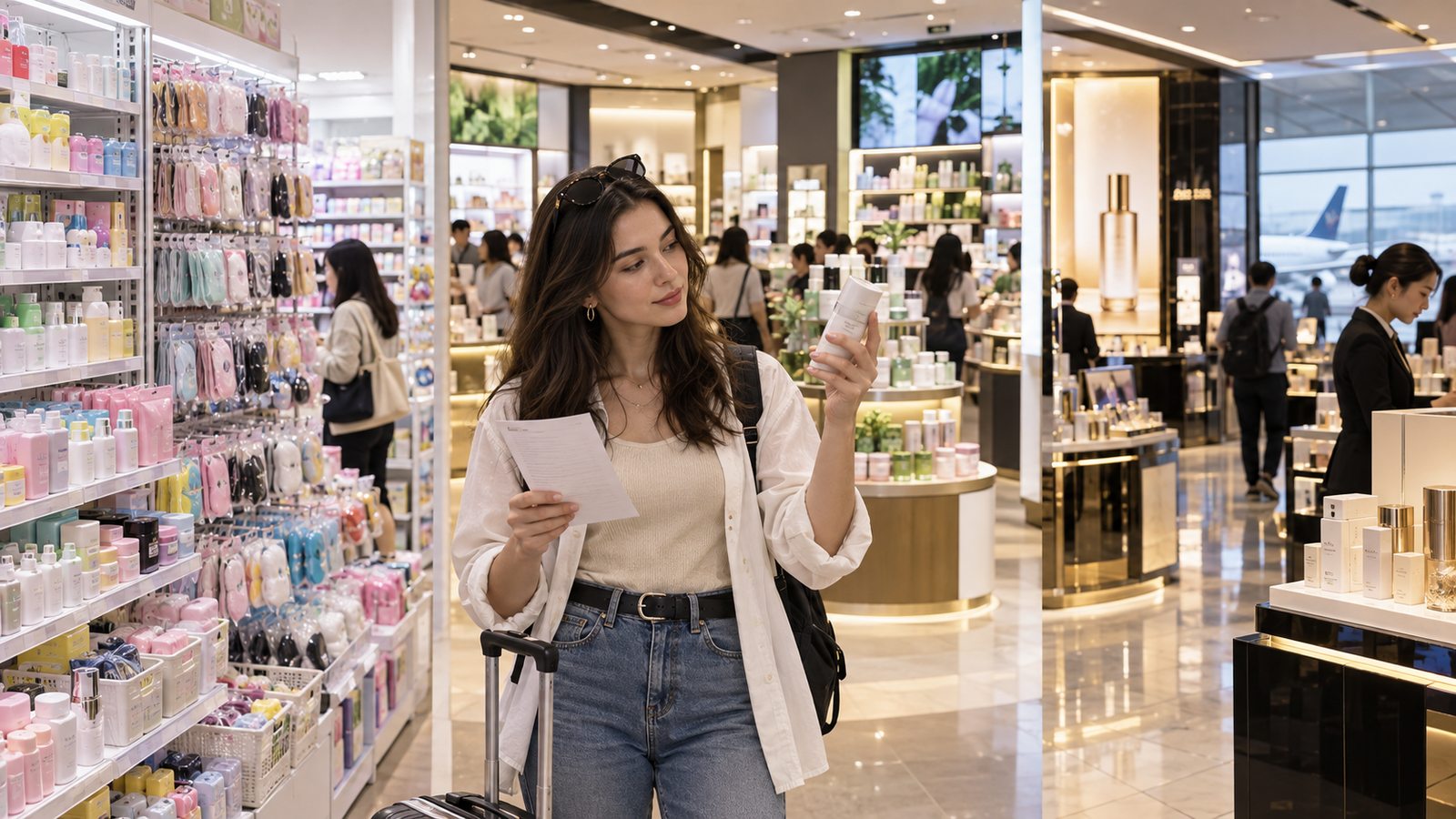 Traveler comparing K-beauty shopping options in Korea