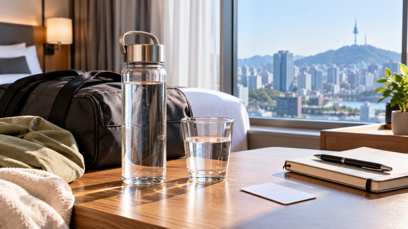Reusable water bottle and drinking glass prepared in a Seoul hotel room