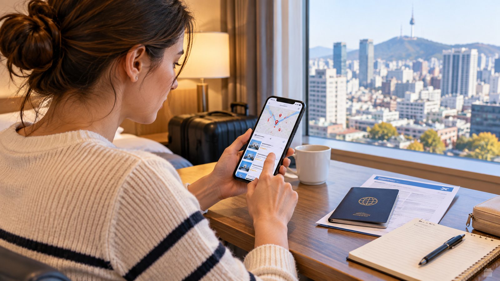 Traveler searching for a medical clinic on a smartphone in South Korea