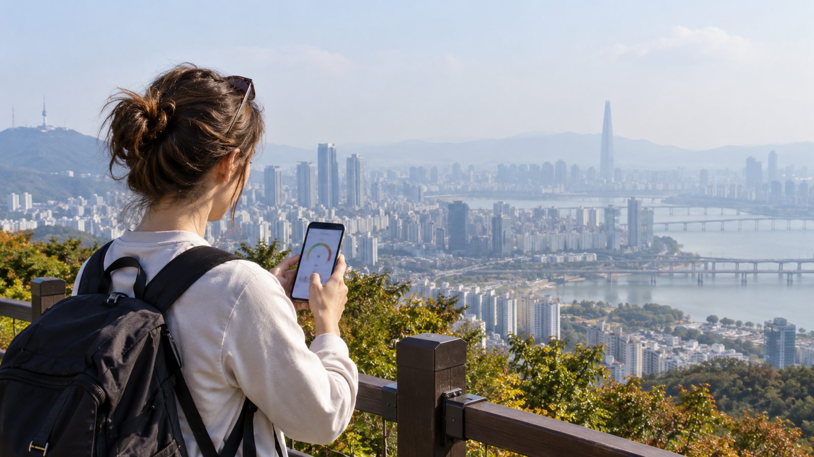 Traveler checking air quality on a hazy day in Seoul, South Korea