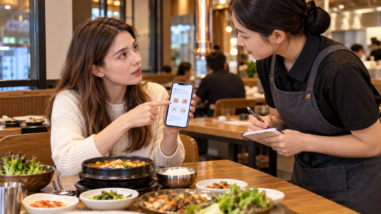 International traveler discussing a food allergy with restaurant staff in South Korea