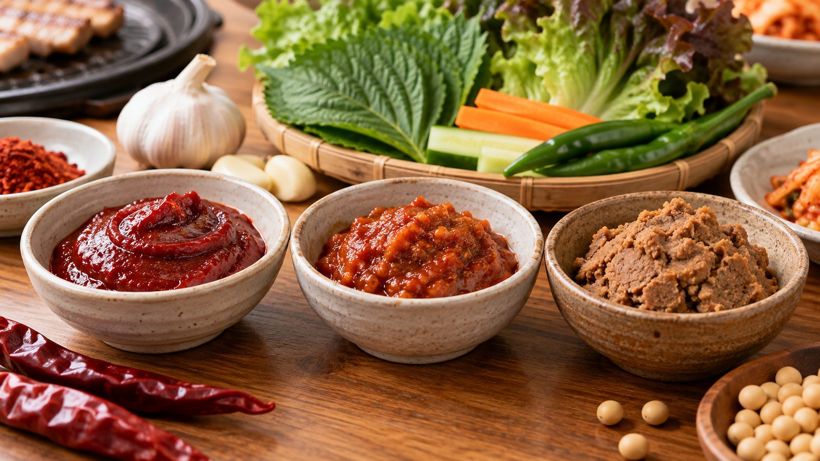 Three bowls showing gochujang, ssamjang and doenjang Korean fermented pastes