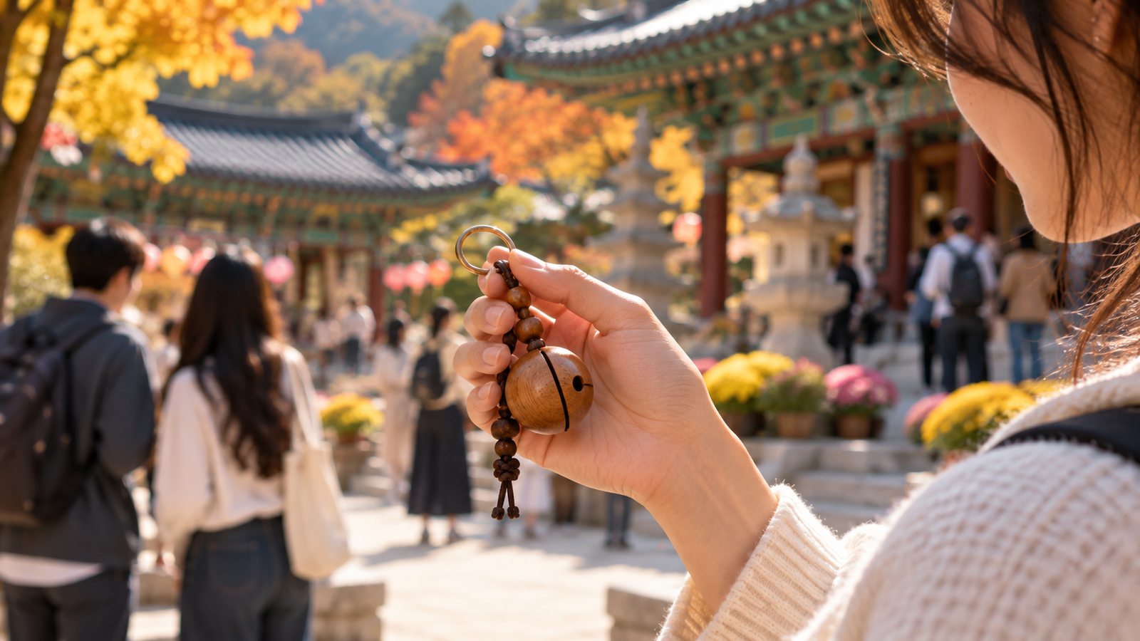 Buddhist-inspired wooden keyring representing Korea's gongdeok keyring trend