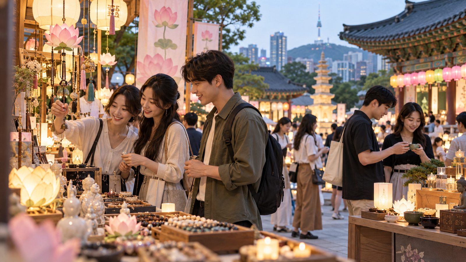 Young Korean adults exploring contemporary Buddhist culture at a Seoul event