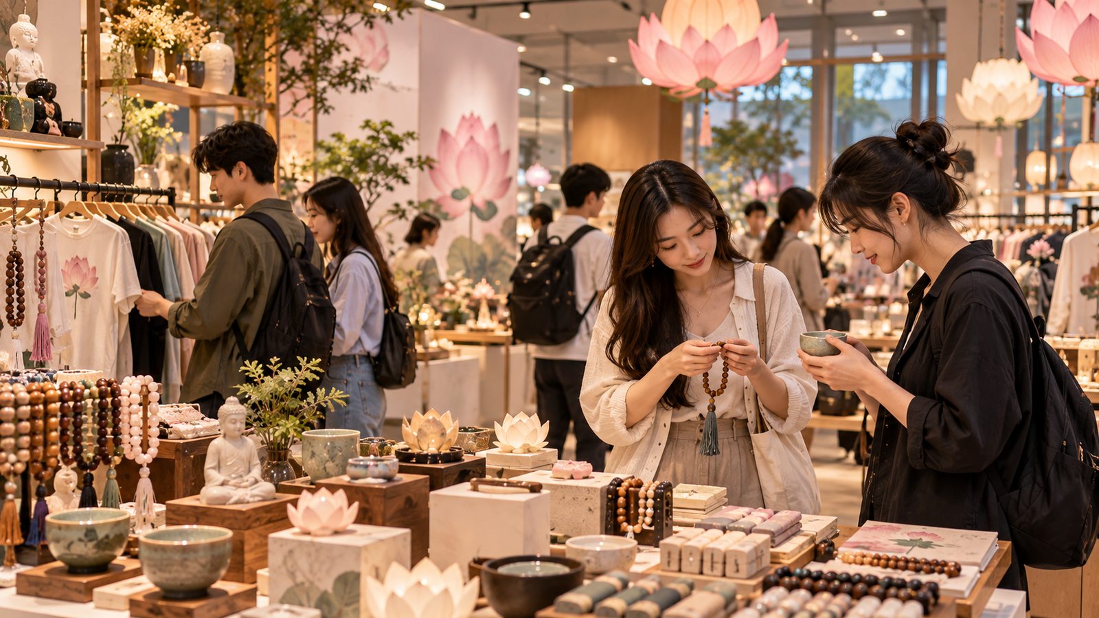 Young shoppers browsing Buddhist-inspired merchandise at a modern Seoul pop-up