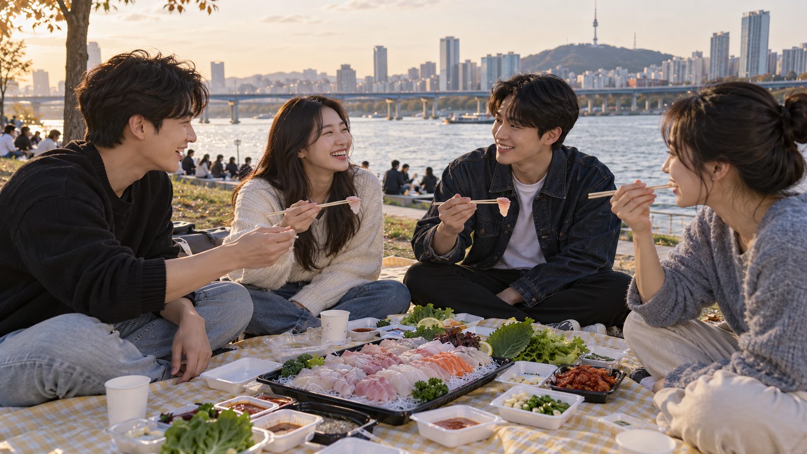 Young adults enjoying a Korean sashimi picnic beside the Han River in Seoul