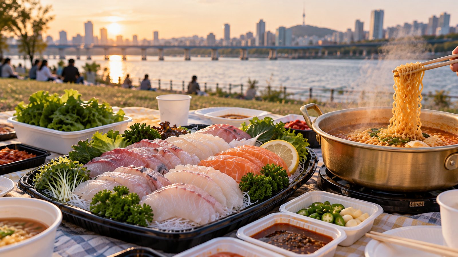 Korean sashimi and hot ramyeon served together at a Han River picnic