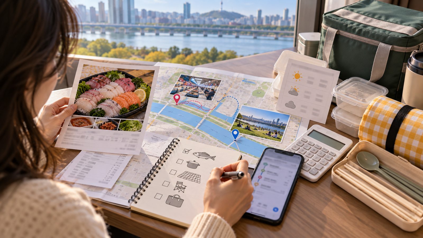 Traveler planning a Noryangjin seafood and Han River picnic in Seoul