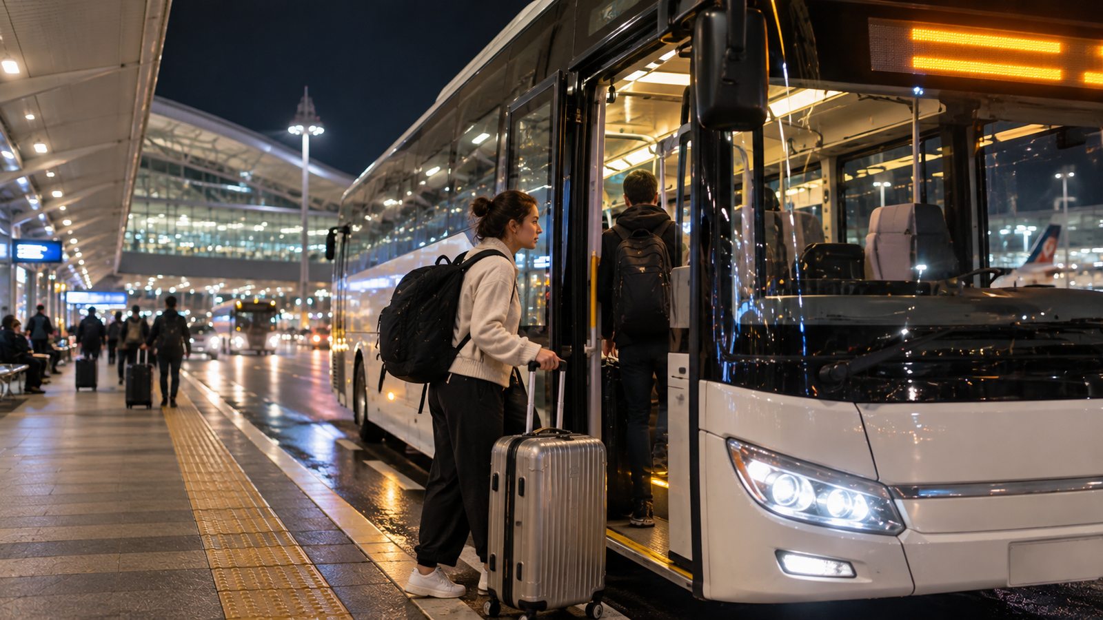Traveler boarding a late-night airport bus from Incheon Airport to Seoul