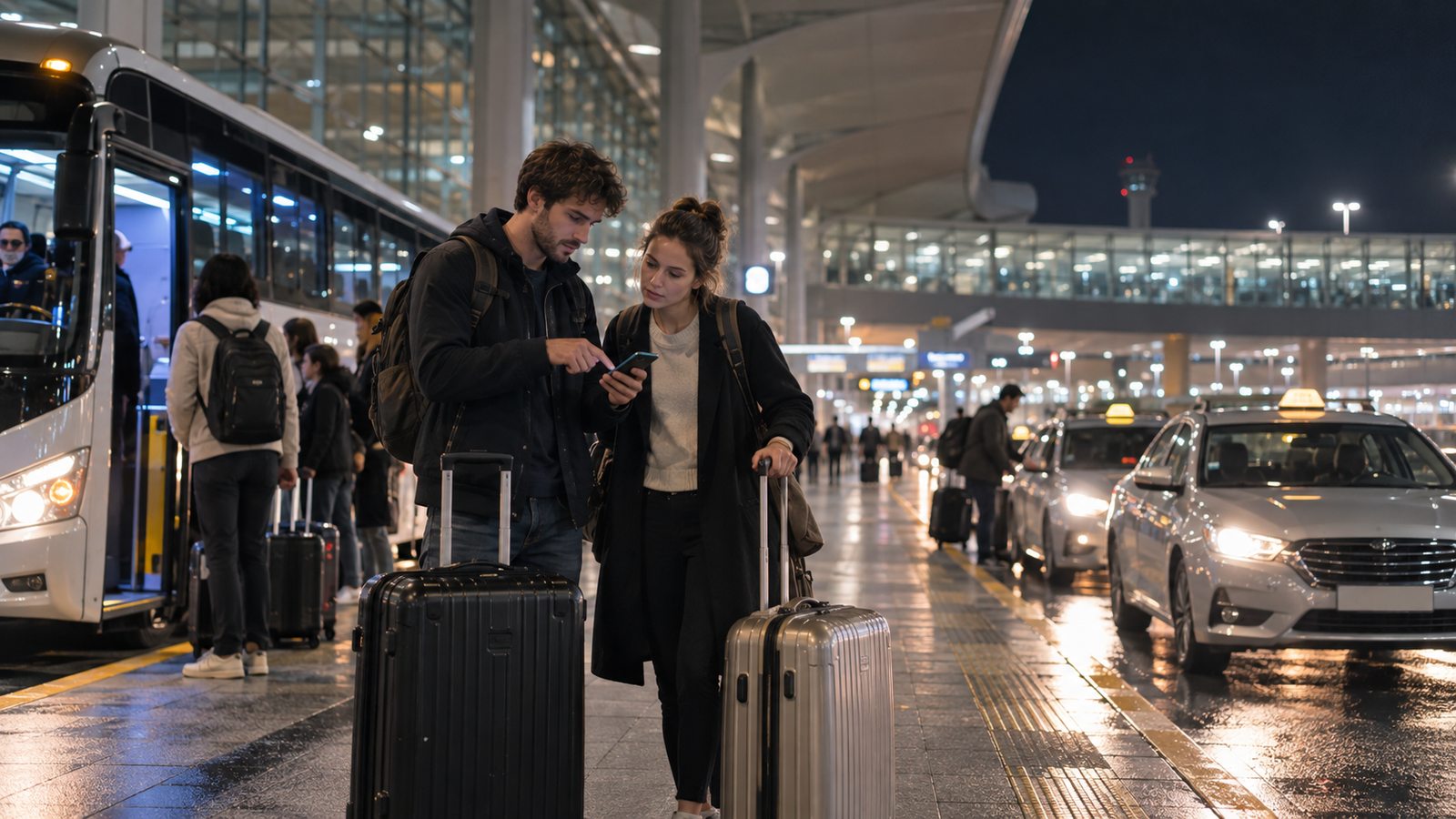 International travelers choosing transportation after a late-night arrival at Incheon Airport
