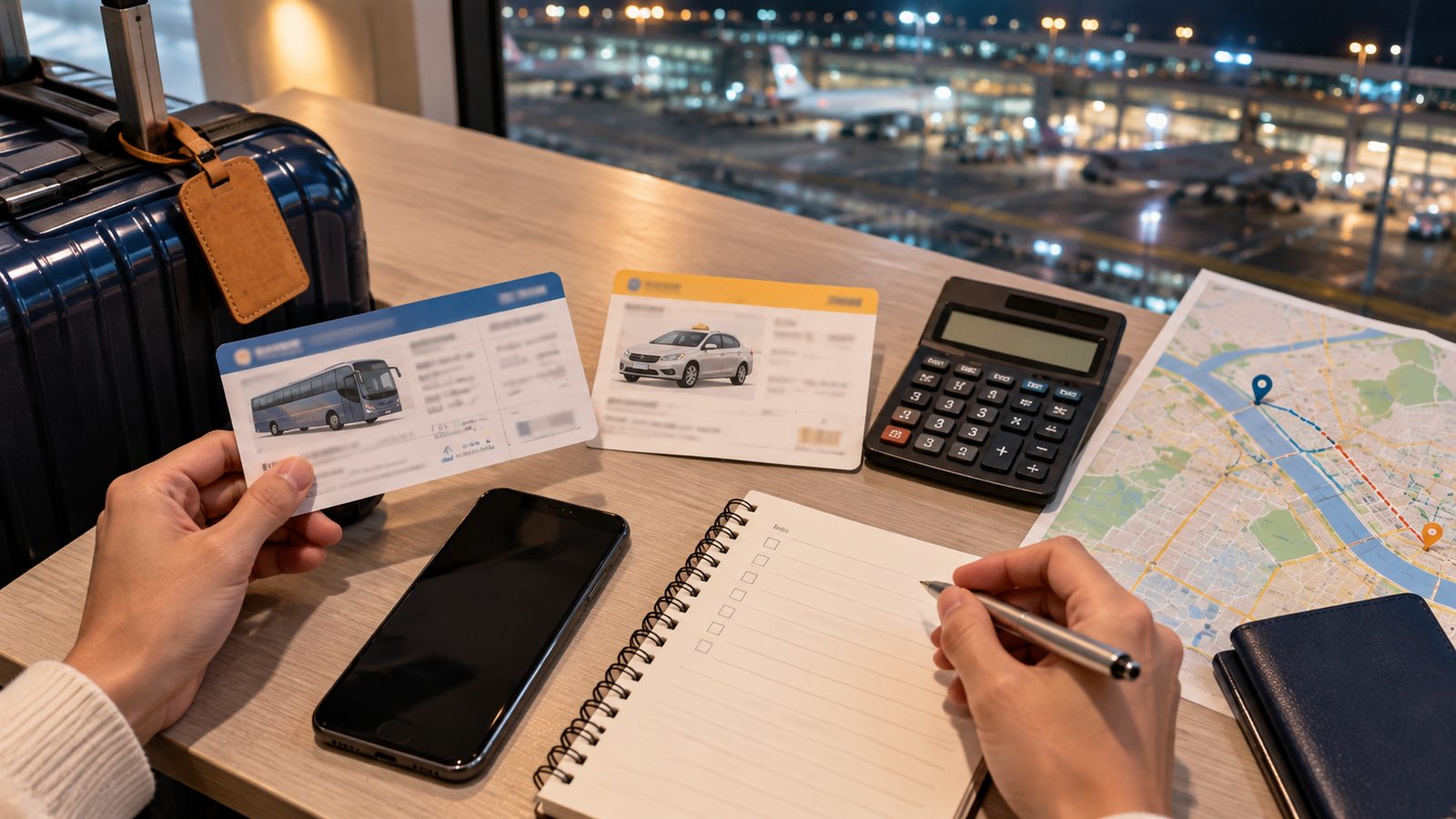 Traveler comparing late-night bus and taxi costs from Incheon Airport to Seoul